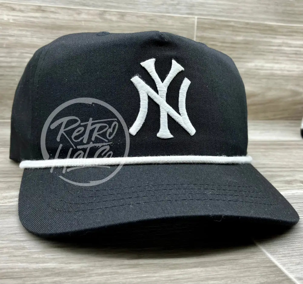 Vintage 90s New York Yankees (White NY) Patch on Black Retro Hat w/Whi Vintage 90s New York Yankees (White NY) Patch on Black Retro Hat w/Whi