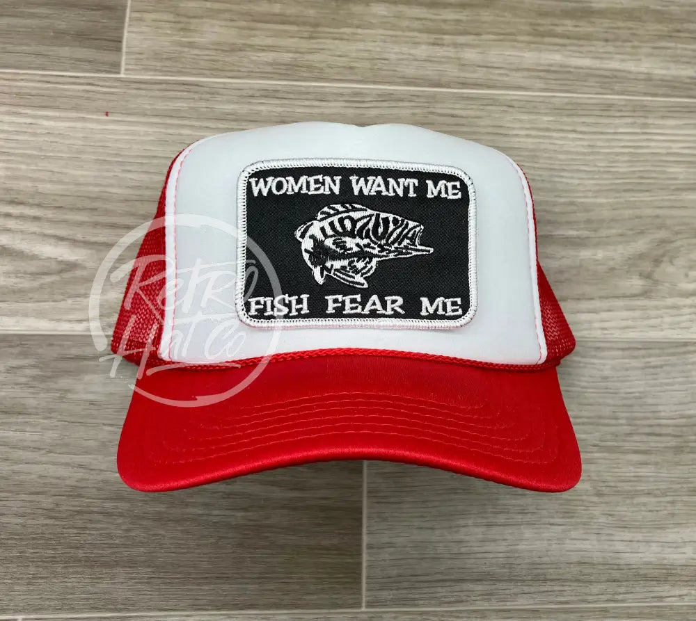 Women Want Me / Fish Fear Me on Red/White Meshback Trucker Hat