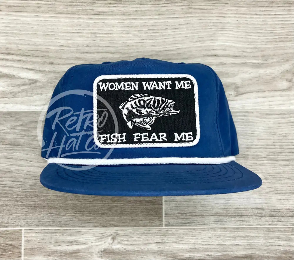 Women Want Me / Fish Fear Me On Retro Poly Rope Hat Blue Poly