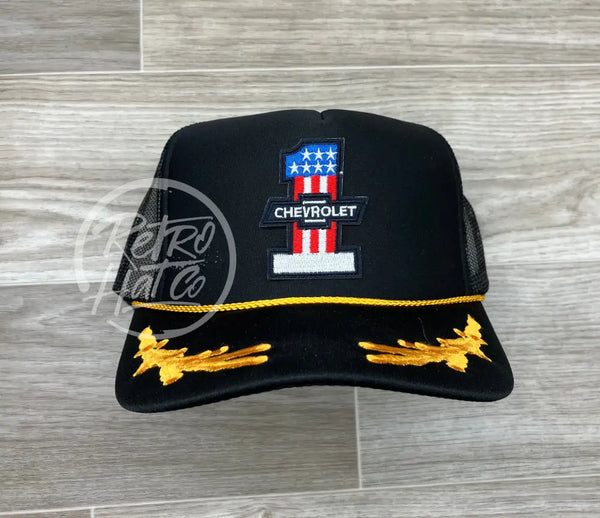 #1 Chevrolet / Chevy Patch On Black Trucker Hat W/Scrambled Eggs Ready To Go