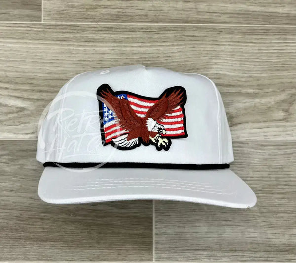 American Flag & Eagle Patch On White Retro Hat W/Black Rope Ready To Go