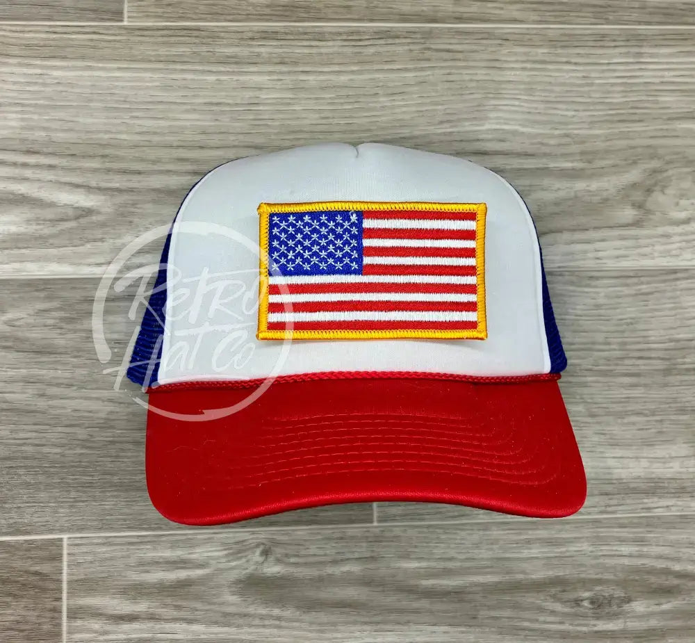 American Flag Patch on Red White Blue Meshback Trucker Hat