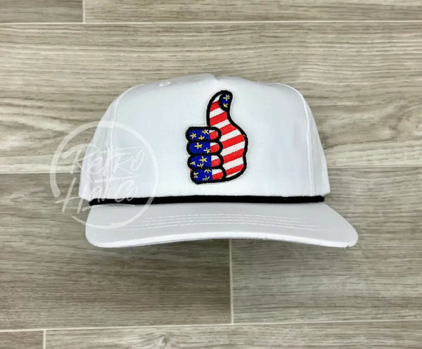 American Thumb On White Retro Hat W/Black Rope Ready To Go