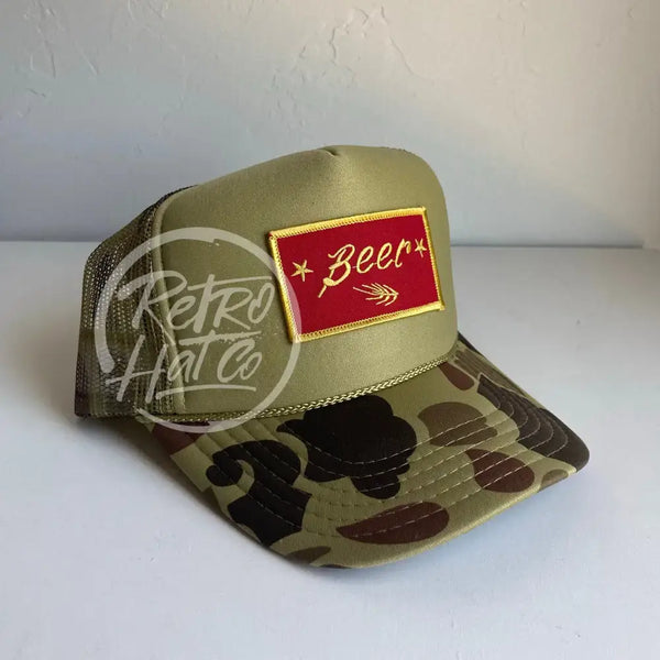 Beer / Wheat Patch On Solid Front Camo Meshback Trucker Hat Ready To Go