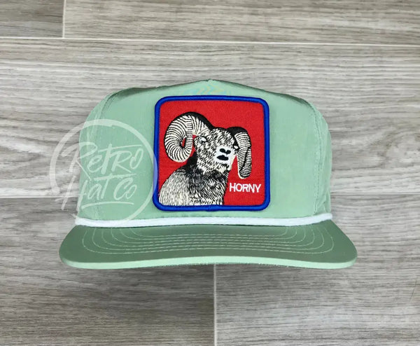 Horny Big Horn Sheep On Retro Poly Rope Hat Green Ready To Go