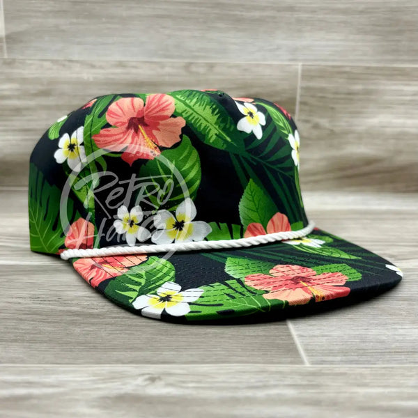 Black Hawaiian Strapback Hat w/White Rope