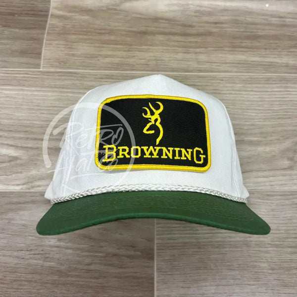 Browning (Gold Border) Patch On White/Green Retro Rope Hat Ready To Go