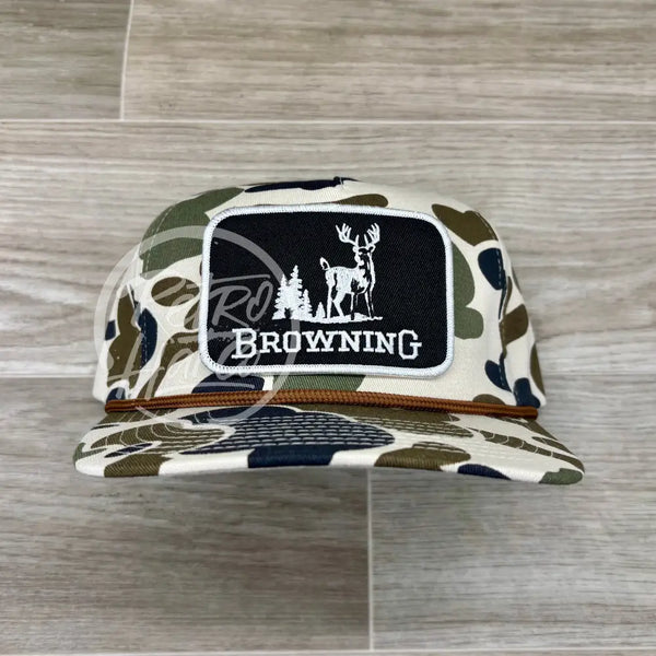 Browning (White Border) Patch on Beige Old School / Duck Camo Rope Hat Ready to Go