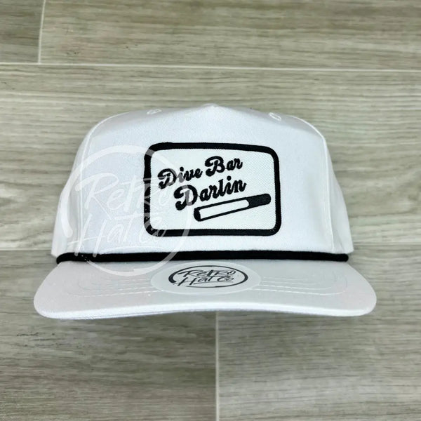 Dive Bar Darlin On White Retro Hat W/Black Rope Ready To Go