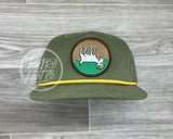 Fainting Goat Patch On Olive Retro Rope Hat W/Yellow Ready To Go
