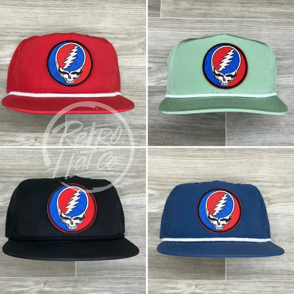 Grateful Dead Lightning Skull (Steal Your Face) Patch On Retro Poly Rope Hat Ready To Go