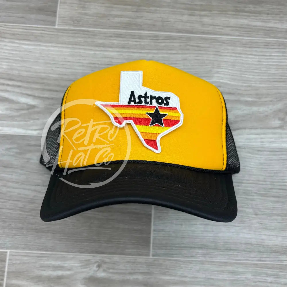 Houston Astros Texas Patch on Black/Gold Meshback Trucker Hat