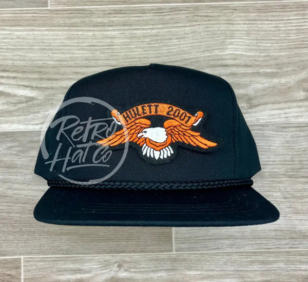 Hulett Rally Hulett 2001 (orange eagle) Bike Rally Patch on Black Classic Rope Hat