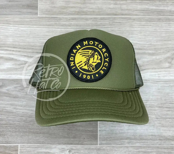 Indian Motorcycle (Blk Circle) On Olive Meshback Trucker Hat Ready To Go