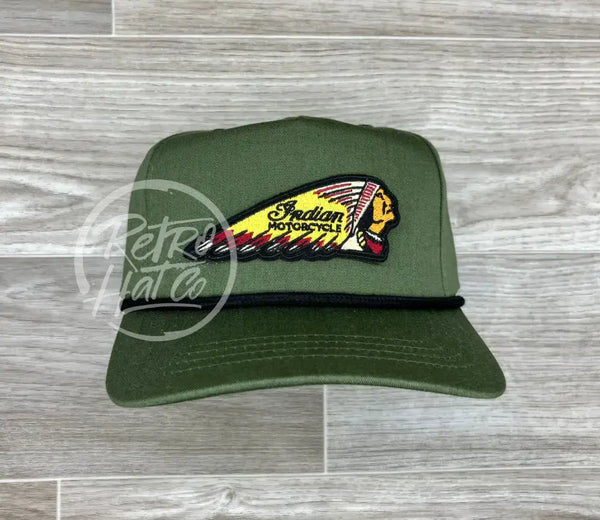 Indian Motorcycle Chief Headdress (Yellow) On Retro Rope Hat Olive W/Black Ready To Go
