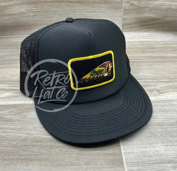 Indian Motorcycle (Gold Edge Rectangle) On Black Meshback Trucker Hat Ready To Go
