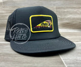 Indian Motorcycle (Gold Edge Rectangle) On Black Meshback Trucker Hat Ready To Go