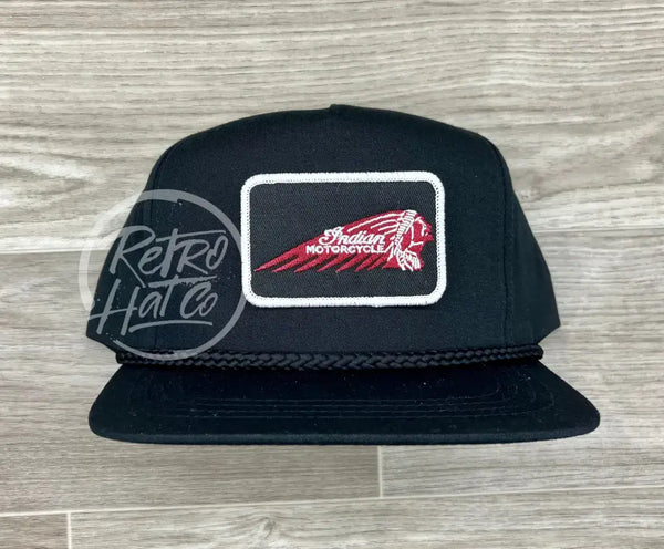 Indian Motorcycle (White Edge Rectangle) On Black Classic Rope Hat Ready To Go