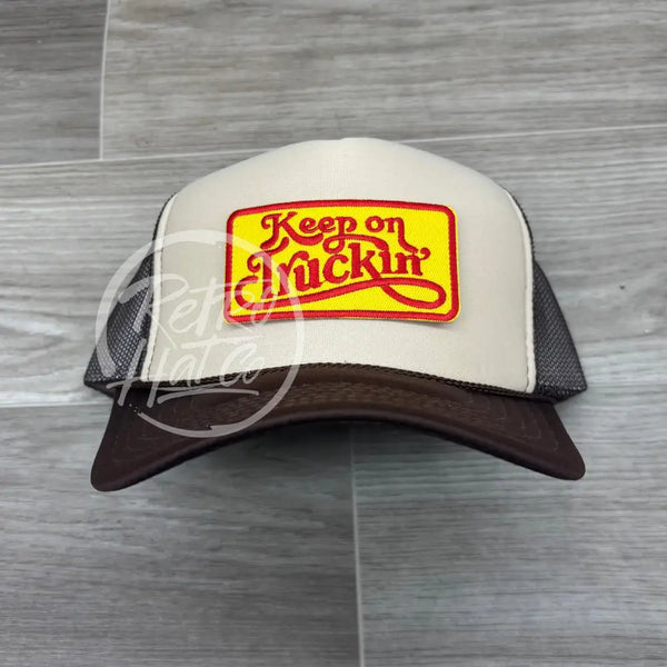 Keep On Truckin’ Patch on Beige/Brown Meshback Trucker Hat Ready to Go