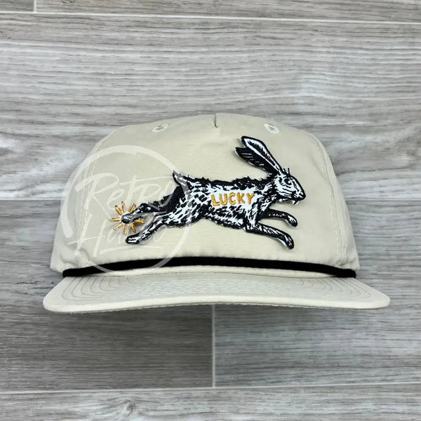 Lucky Rabbit On Retro Rope Hat Beige W/Black Ready To Go