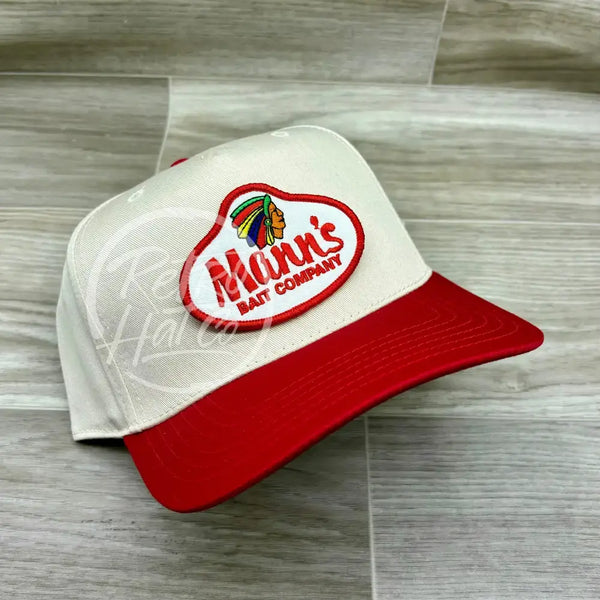 Mann’s Bait Co. Patch On Natural/Red Retro Hat Ready To Go