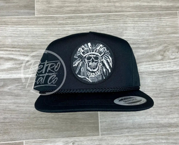 Native Chief / Headdress Skull On Black Classic Rope Hat Ready To Go