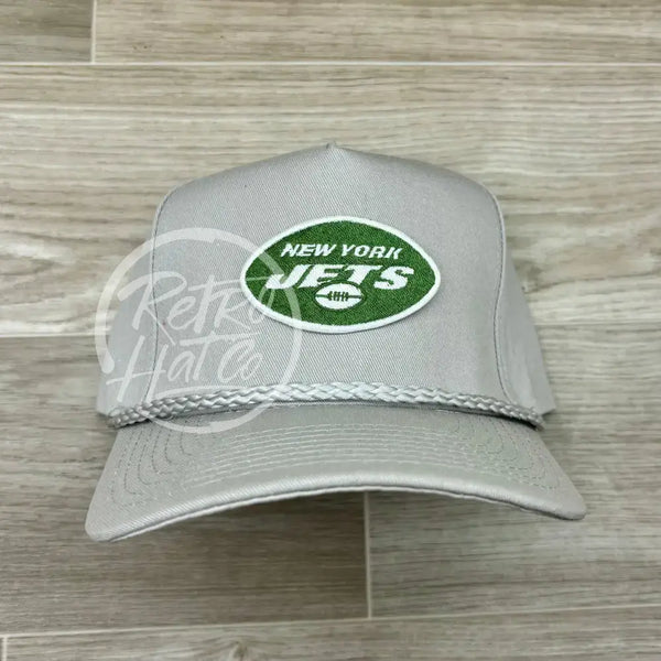 New York Jets Oval Patch On Tall Gray Retro Rope Hat Ready To Go