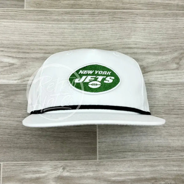 New York Jets Oval Patch On White Retro Hat W/Black Rope Ready To Go