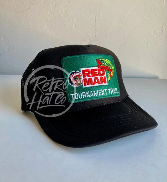 Red Man Fishing Patch On Black Meshback Trucker Hat Ready To Go