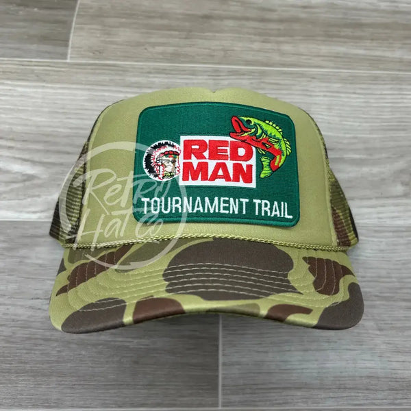 Red Man Tournament Trail Fishing Patch on Solid Front Meshback Trucker