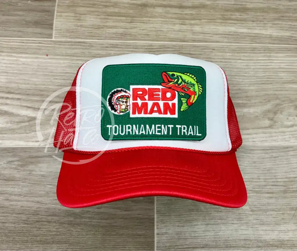 Red Man Tournament Trail Fishing Patch On Red/White Meshback Trucker Hat Ready To Go