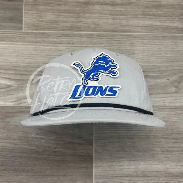 Retro Detroit Lions (dual logo) Patch on Smoke Gray Retro Hat w/Black Rope Ready to Go
