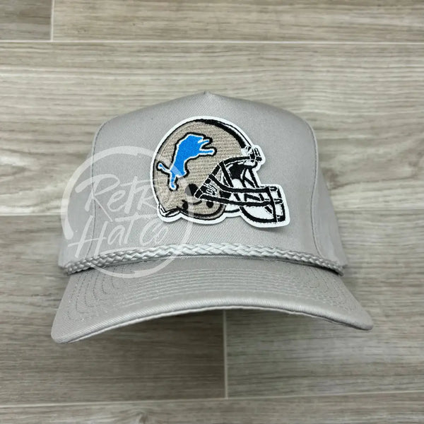 Retro Detroit Lions Helmet Patch On Tall Gray Rope Hat Ready To Go