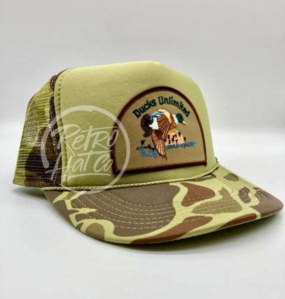 Retro Ducks Unlimited On Solid Front Camo Meshback Trucker Hat Ready To Go