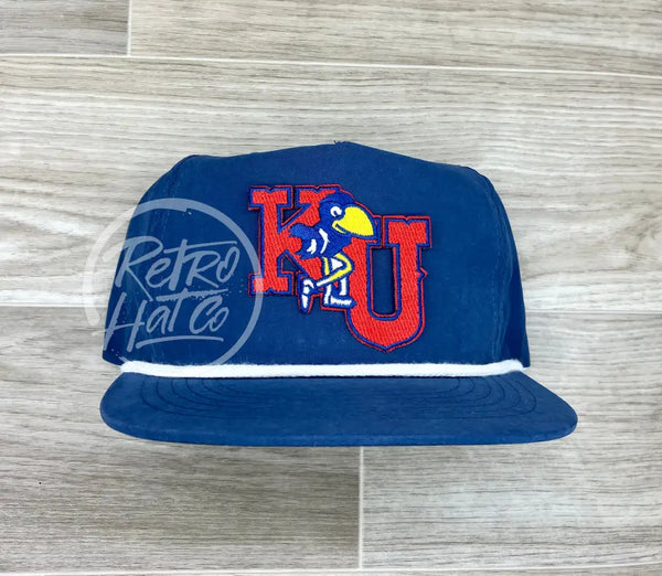 Retro Kansas Jayhawks Ku Patch On Blue Poly Rope Hat Ready To Go