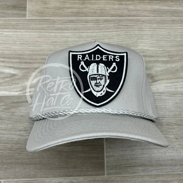 Retro Las Vegas Raiders Shield Patch On Tall Gray Rope Hat Ready To Go