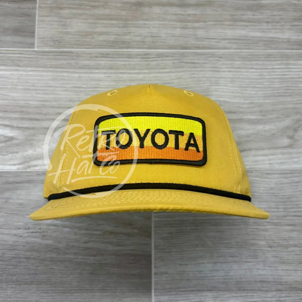 Retro Toyota Patch on Mustard Retro Hat w/Black Rope Ready to Go