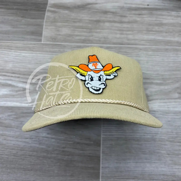 Retro UT / Texas Longhorns Bevo (Full Color) on Tan Corduroy Rope Hat Ready to Go