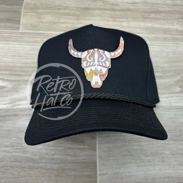 Southwest Cow Skull On Tall Black Retro Rope Hat Ready To Go