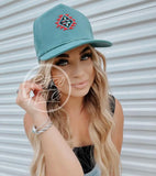 Southwestern / Aztec Tribal Patch On Teal Stonewashed Rope Hat Ready To Go