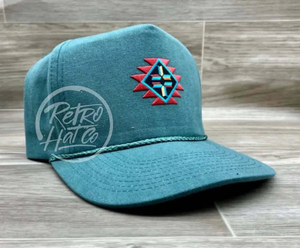 Southwestern / Aztec Tribal Patch On Teal Stonewashed Rope Hat Ready To Go