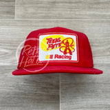 Texas Pete Racing Patch on Red Corduroy Hat Ready to Go