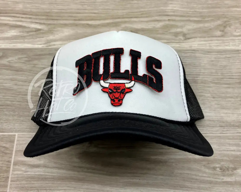Vintage 90s Black Chicago Bulls Patch on Black/White Meshback Trucker