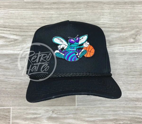 Vintage 90S Charlotte Hornets Patch On Black Retro Rope Hat Ready To Go