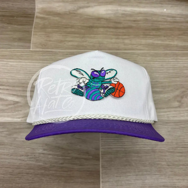Vintage 90S Charlotte Hornets Patch On White/Purple Retro Rope Hat Ready To Go