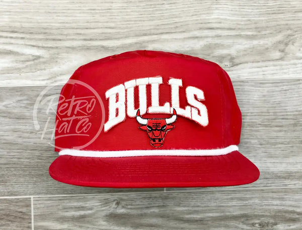 Vintage 90S Chicago Bulls (White) Patch On Red Poly Rope Hat Ready To Go