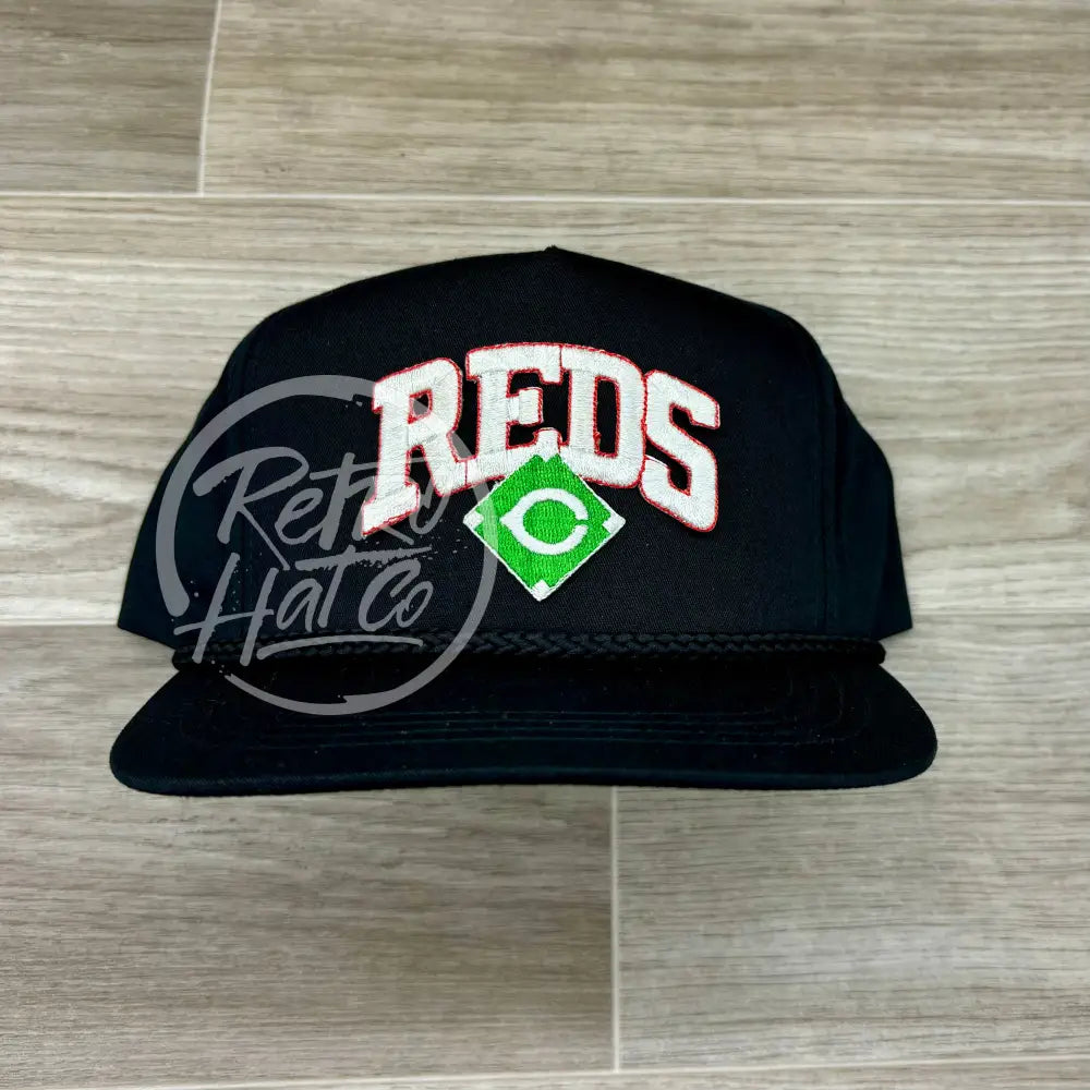 Vintage 90s Cincinnati Reds Patch on Black Classic Retro Rope Hat