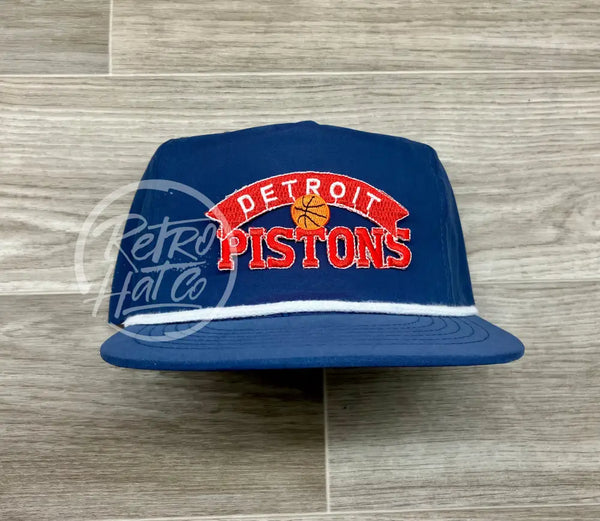 Vintage 90S Detroit Pistons (Red) Patch On Blue Poly Retro Rope Hat Ready To Go