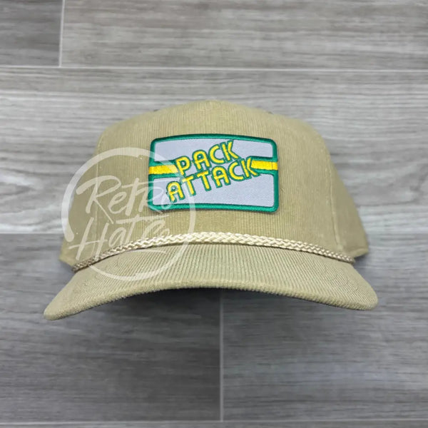 Vintage 90s Green Bay Packers Pack-Attack Patch on Tan Corduroy Retro Rope Hat Ready to Go