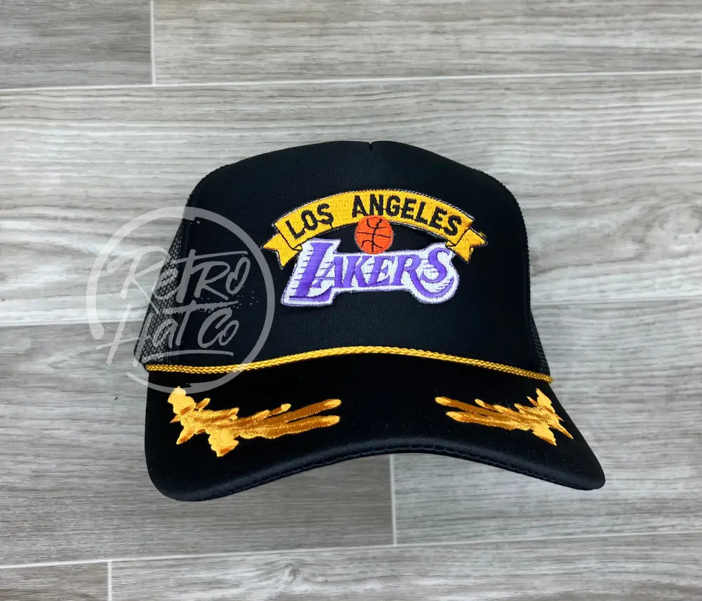 Vintage 90s Los Angeles Lakers Patch on Black Meshback Trucker Hat w